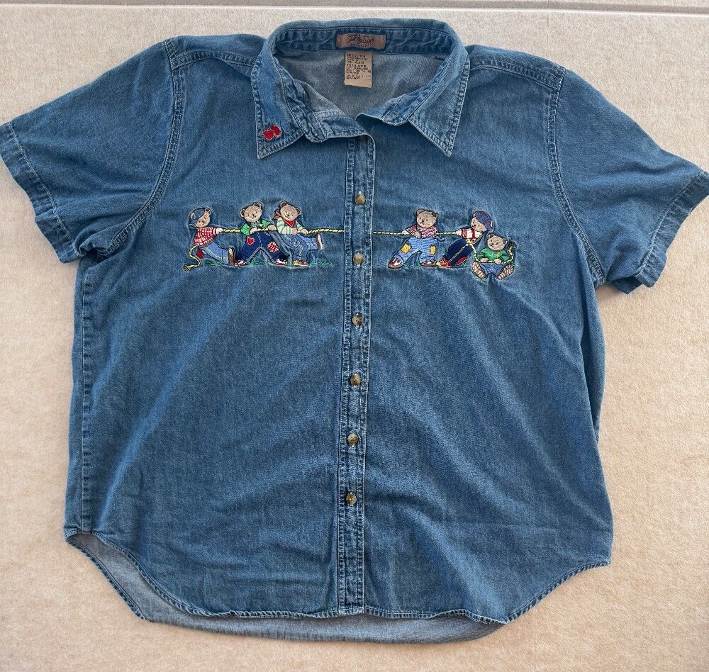 Just My Size Denim Shirt Womens 18W 20W Embroidered Teddy Bears Short Sleeve